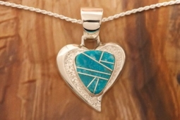 Navajo Artist Calvin Begay Genuine Kingman Turquoise Sterling Silver Heart Pendant